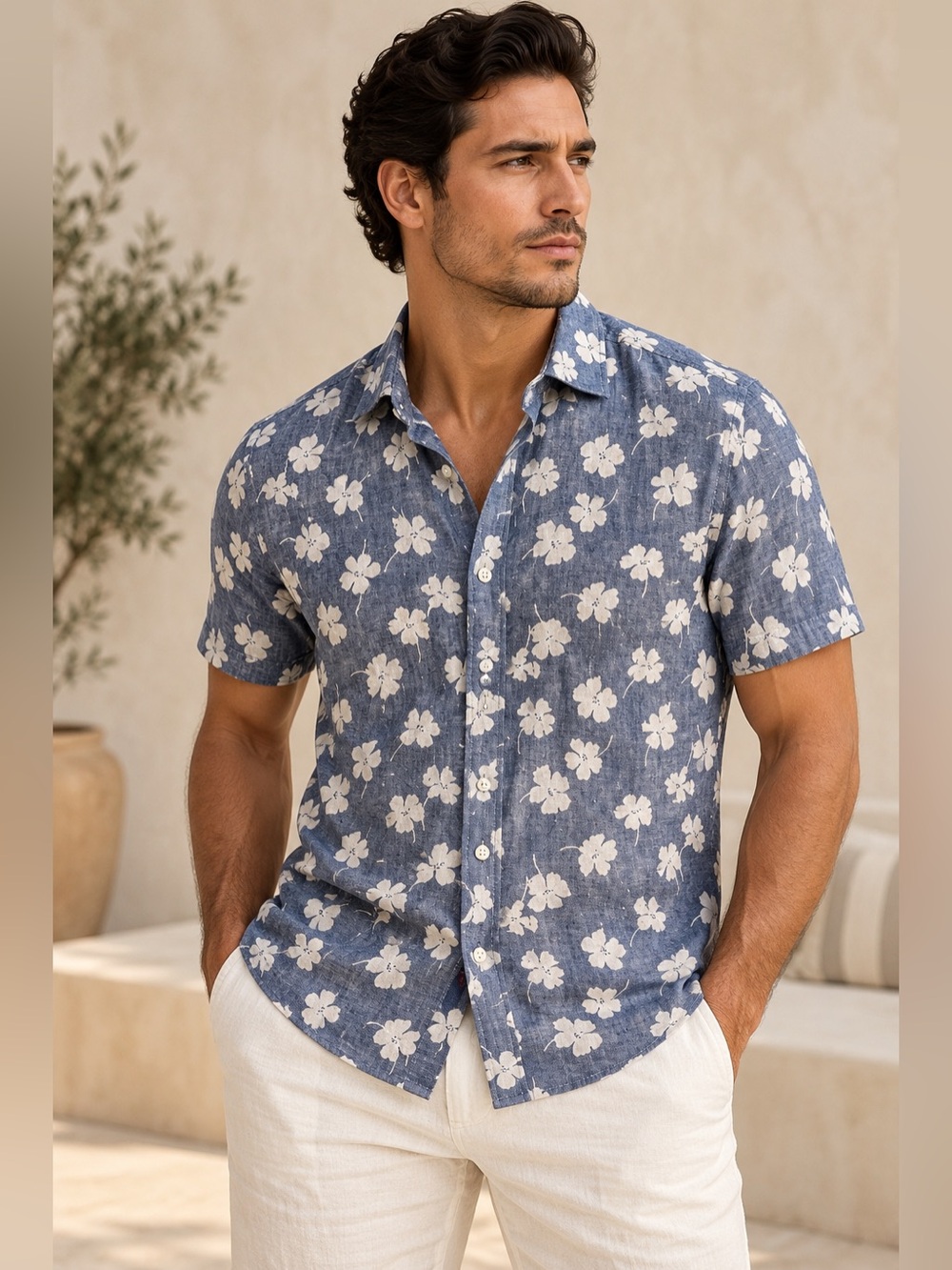 UNTUCKit Blue Floral Short-Sleeve Button-Down 100% Linen M